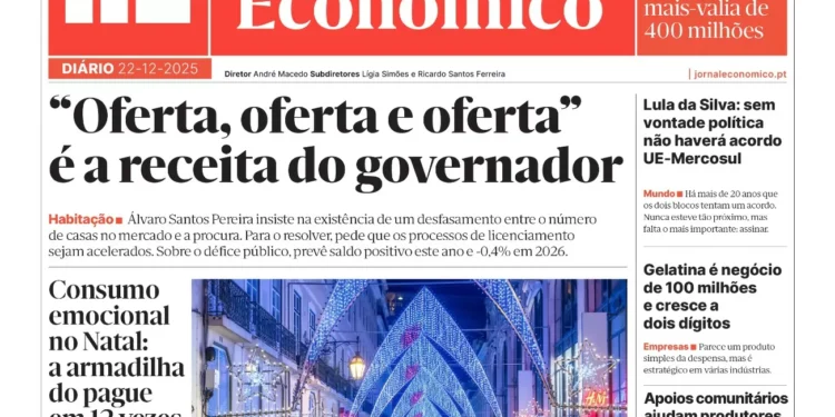 A primeira página do Jornal Económico de 22 de dezembro