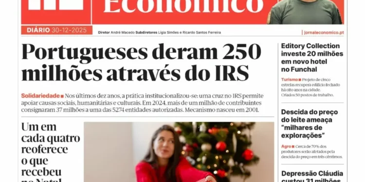 A primeira página do Jornal Económico de 30 de dezembro