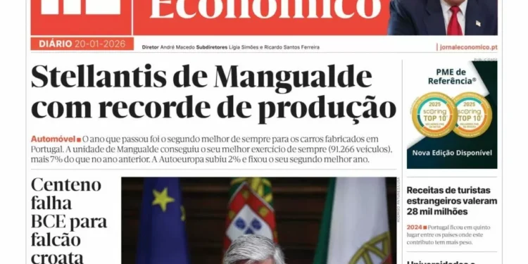 A primeira página do Jornal Económico de 20 de janeiro